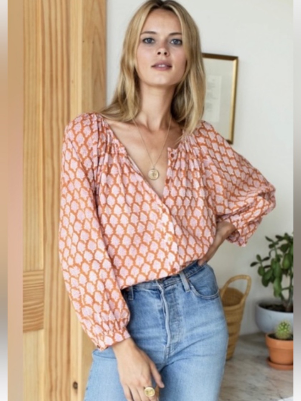 Emerson Fry India Collection Organic Cotton Printed V-Neck Blouse